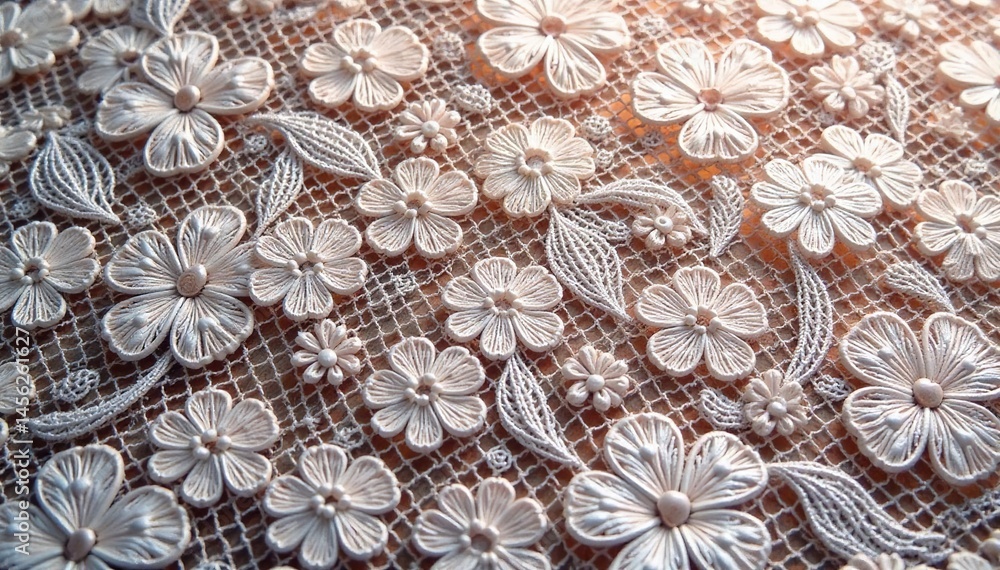 Intricate floral lace, delicate threads forming a repeating motif , retro, fabric Intricate floral lace, delicate threads forming a repeating motif , retro, fabric