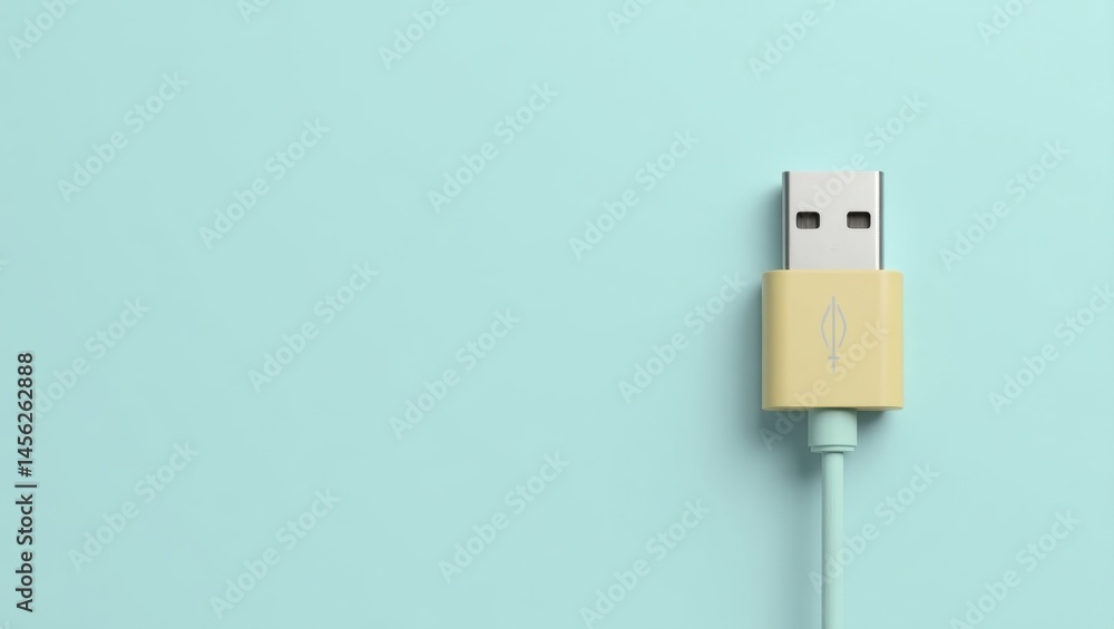 UsbC Hub. USB Cable Connection. Isolated background, copyspace.. Lonely yellow USB cable connects to calming blue wall in empty space, conveying simplicity and connection. UsbC Hub. USB Cable Connection. Isolated background, copyspace.. Lonely yellow USB cable connects to calming blue wall in empty space, conveying simplicity and connection.
