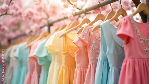 Wallpaper Mural Pastel Dresses on Hangers with Cherry Blossoms in Spring Fashion Boutique Torontodigital.ca