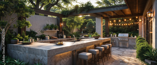 Luxurious outdoor kitchen with bar seating surrounded by lush greenery and evening ambiance