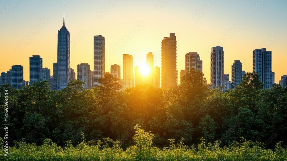 Obraz premium Metropolitan city skyline at golden hour contrasted with vibrant lush greenery showcasing the tranquil juxtaposition of urban life