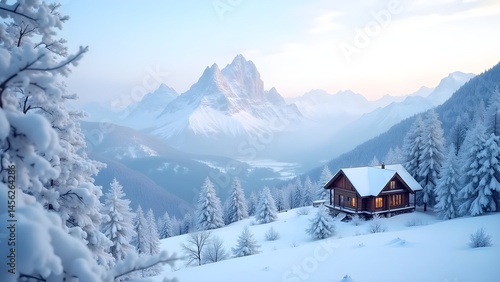 Scenic Winter Landscape with Snowy Cabin, Majestic Mountains, and Evergreen Trees under a Frosty Sky