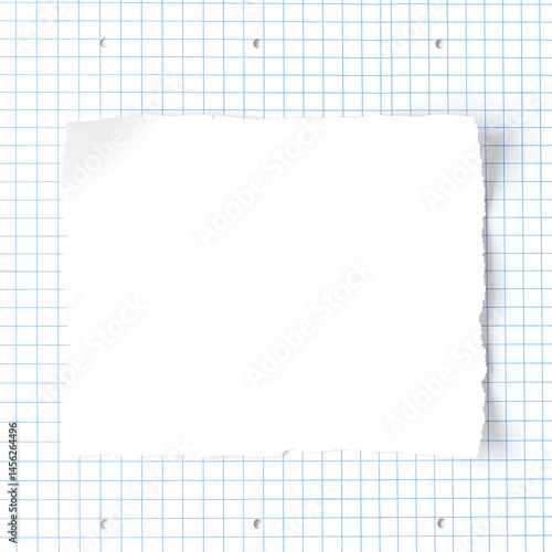 White Ripped Paper Scrap. Graph Paper with Torn Edge, Scrapbook Sticky Notes, Notebook Page