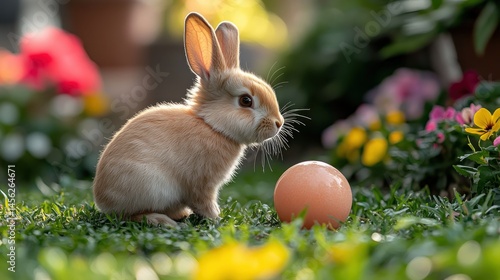 Cute bunny near pastel egg in garden