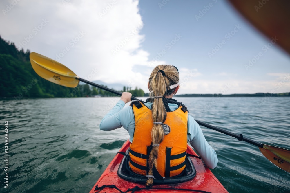 Obraz premium Kayaker paddles across a tranquil lake surrounded by lush greenery during a sunny afternoon outing