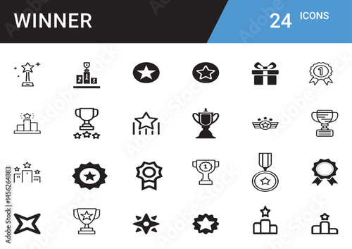 Celebrating the Spirit of a True Winner Triumph, Achievement, First Place Glory, Unmatched Performance, Recognition, Success Journey, Leadership, Excellence, Dedication Editable vector icon symbol set