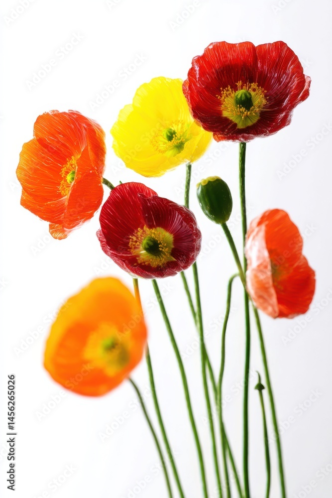 Fototapeta premium Freshly cut colorful poppy flowers arranged in a vase for bright decor at a spring gathering