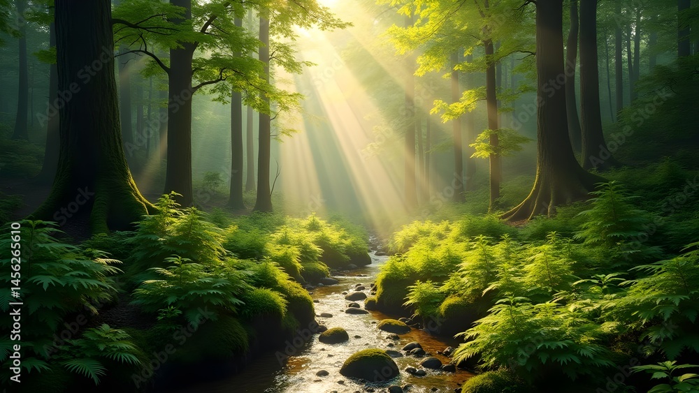 Obraz premium Sunlit Forest Stream: A Tranquil Woodland Scene with Lush Greenery, and Sunlight