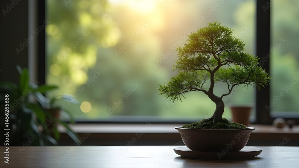 Elegant Bonsai Tree by a Window: A Miniature Zen Garden of Tranquility Elegant Bonsai Tree by a Window: A Miniature Zen Garden of Tranquility