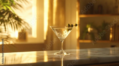 Realistic martini glass with a clear cocktail and two green olives on a pick, placed on a marble bar counter with soft lighting