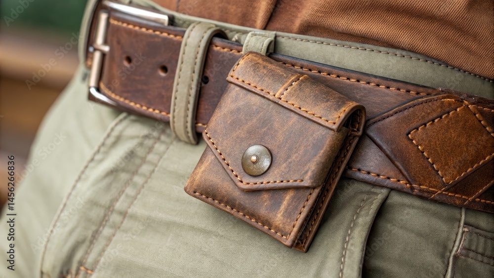 Brown Leather Wallet on Belt, Close-up Photography, Handcrafted, Rustic Concept, Leather Goods, Wallet Design Leather Wallet, Rustic Style Brown Leather Wallet on Belt, Close-up Photography, Handcrafted, Rustic Concept, Leather Goods, Wallet Design Leather Wallet, Rustic Style