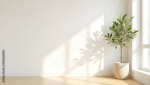 Indoor potted plant near a window with sunlight and shadows, creating a calm and bright interior home decor