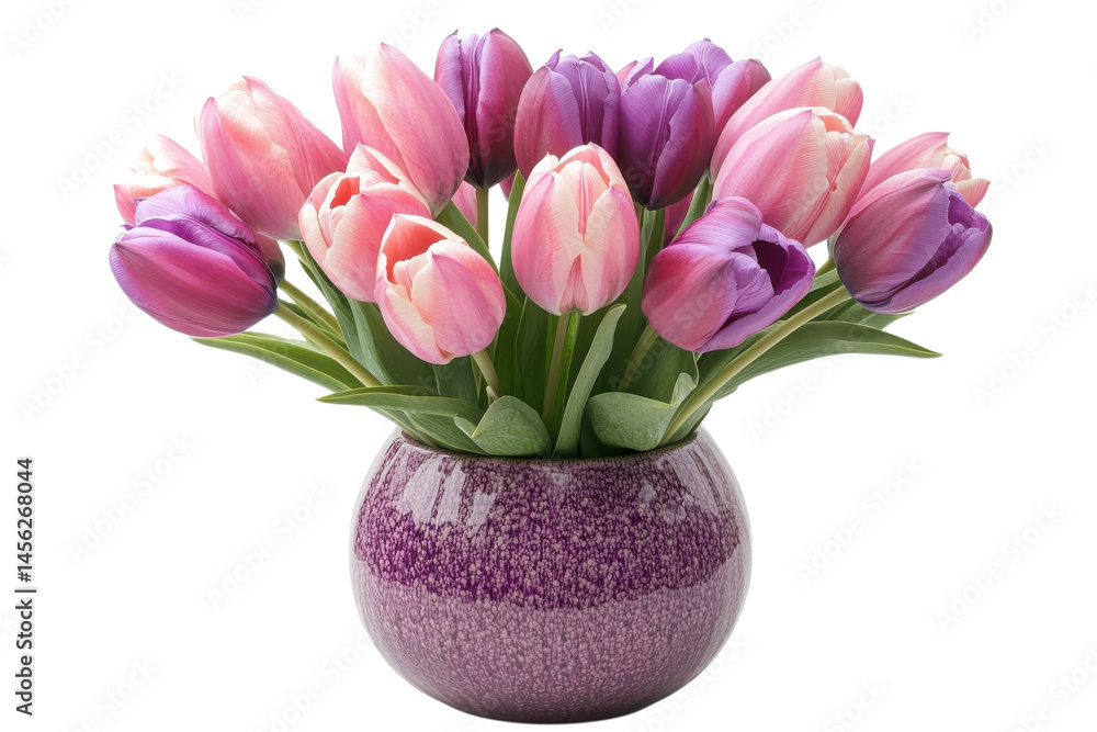 Fototapeta premium Elegant Pink and Violet Tulips in a Vase: Spring Bloom Beauty plant image fresh pretty nature floral on transparent background