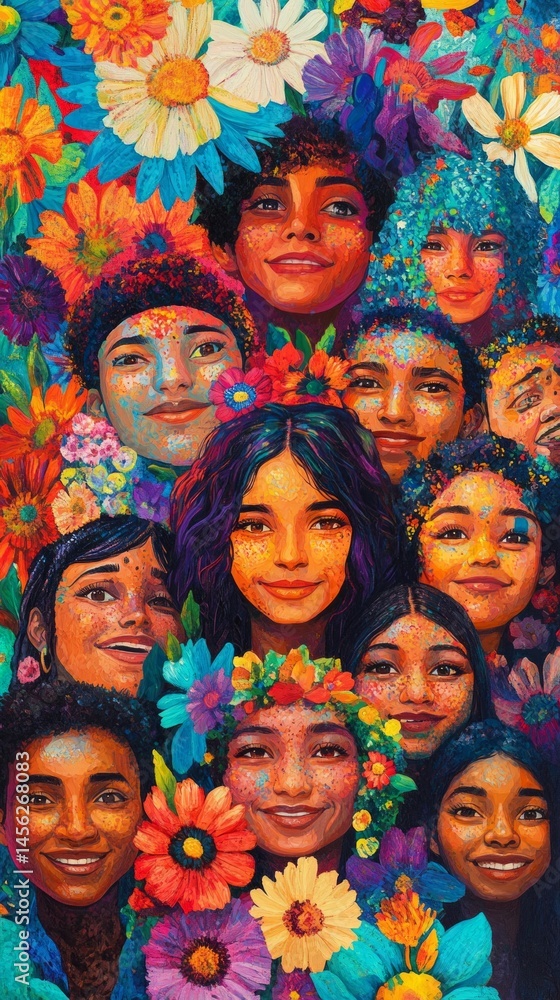 Naklejka premium A vibrant digital painting depicts a diverse group of happy people with colorful flowers, creating a lively and cheerful atmosphere with depth and energy.