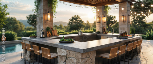 Luxury outdoor kitchen and bar with stone structure and beautiful sunset scenery