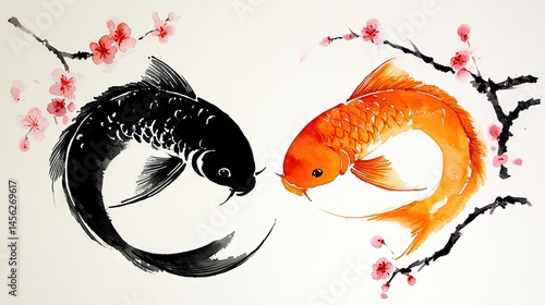 Two koi fish, contrasting colors, artistic portrayal, amidst cherry blossoms.