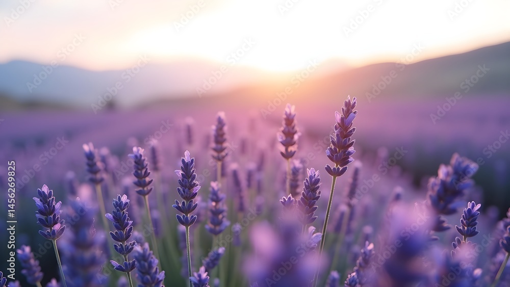 Naklejka premium Lavender field at sunset with mountains in the background. Purple flowers at golden hour in summer.