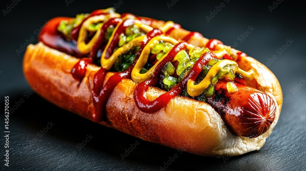 A delicious hot dog with multiple toppings displayed closely A delicious hot dog with multiple toppings displayed closely