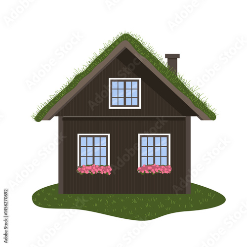 Wooden Scandinavian house with a green grass roof. Norwegian hytter. Eco home, vector isolated illustration.