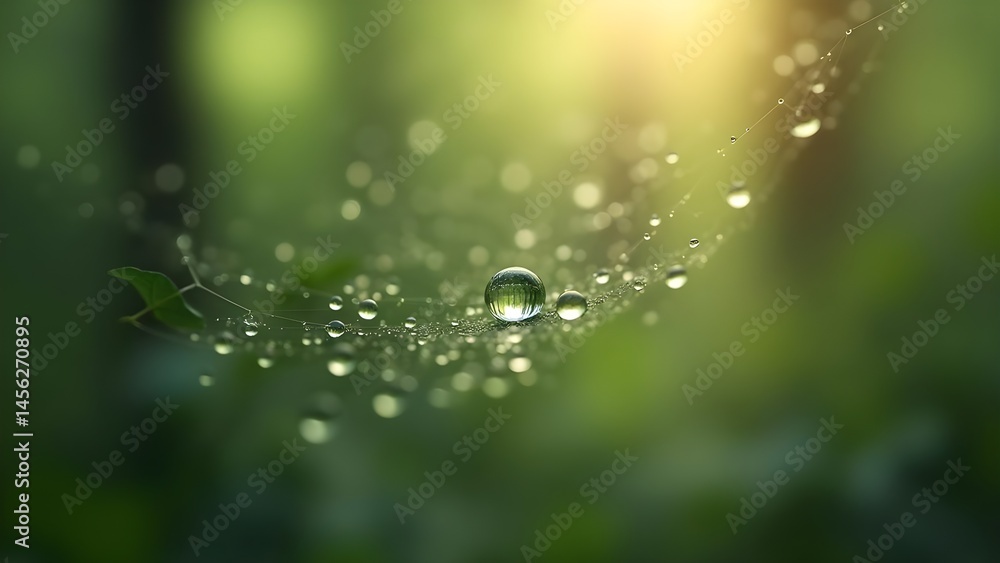 Naklejka premium Morning Dew: Water Droplets on a Spiderweb in a Lush, Green Setting