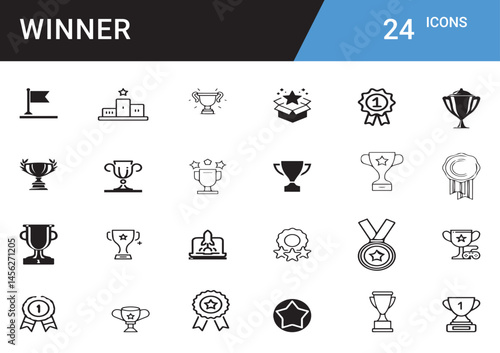 Celebrating the Spirit of a True Winner Triumph, Achievement, First Place Glory, Unmatched Performance, Recognition, Success Journey, Leadership, Excellence, Dedication Editable vector icon symbol set