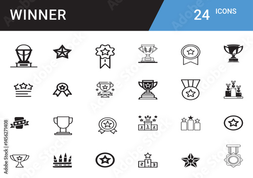 Celebrating the Spirit of a True Winner Triumph, Achievement, First Place Glory, Unmatched Performance, Recognition, Success Journey, Leadership, Excellence, Dedication Editable vector icon symbol set