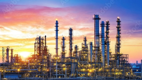 Wallpaper Mural Oil and gas refinery silhouette at dawn with rising sun illuminating metal structures Torontodigital.ca