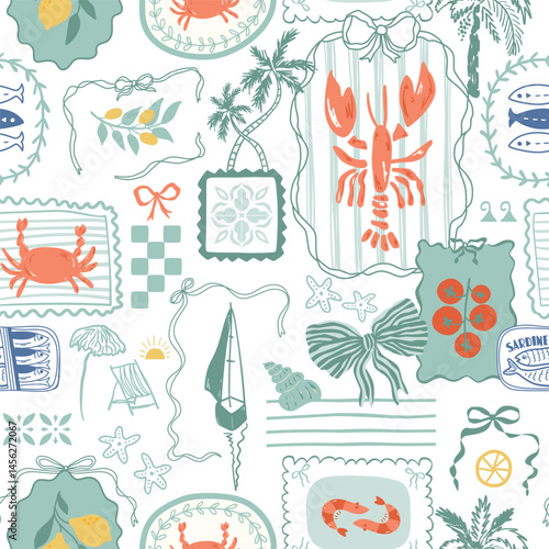 Mediterranean summer mosaic seamless pattern. Cute coastal beach wallpaper. Italian food, lobster and sardine, sailboat, bows, ribbons, checkered elements, palms. Vector background, textile design