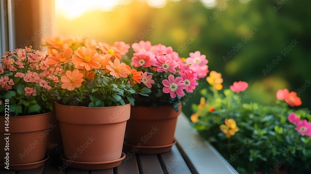 Fototapeta premium A captivating view of colorful potted flowers flourishing in the warm sunlight on a balcony.