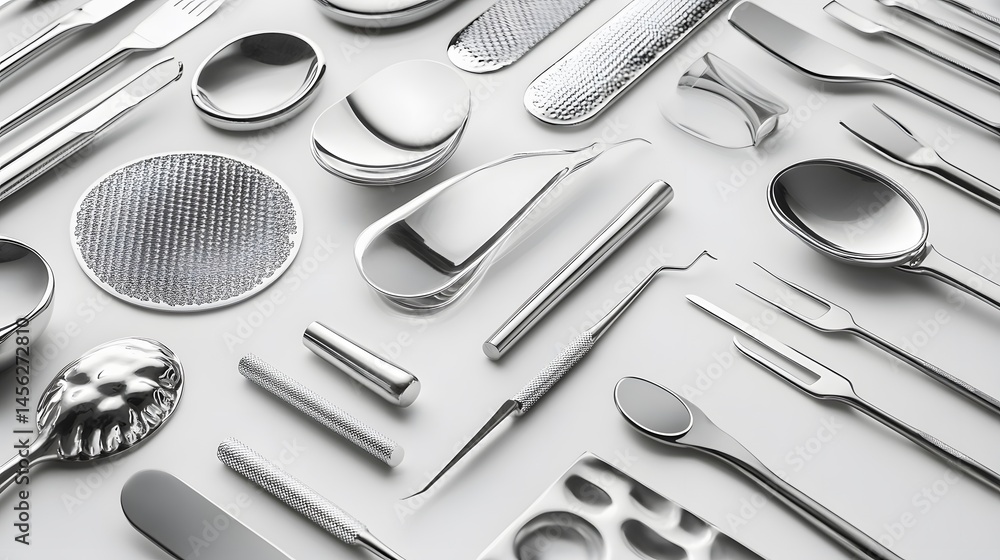 Fototapeta premium Variety of metallic utensils arranged on a surface.