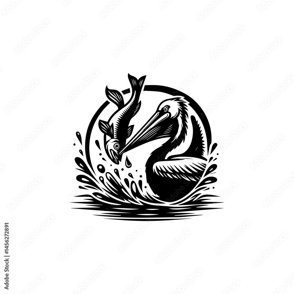 Obraz premium Dynamic black and white vector of pelican catching fish with expressive water movement in wildlife concept 