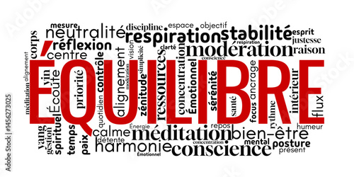 Nuage de mots centré sur "Équilibre", incluant des termes liés à l’harmonie, la sérénité, la santé mentale, et le bien-être. Idéal pour le développement personnel et la pleine conscience