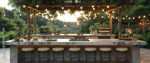 Outdoor kitchen bar with string lights and comfortable seating in a luxurious backyard setting