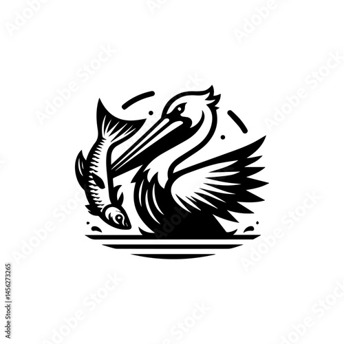Dynamic black and white vector of pelican catching fish with expressive water movement in wildlife concept  