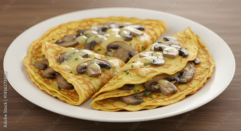 Savory Crepes With Mushrooms And Cheese Garnished On A White Plate Savory Crepes With Mushrooms And Cheese Garnished On A White Plate