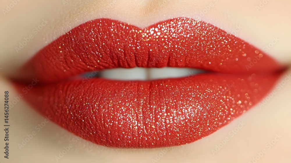 Obraz premium Closeup Sparkling Red Lips Glitter Makeup Beauty