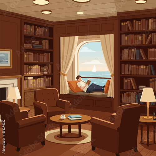 Person Reading Book in Cozy Library with Ocean View Window
