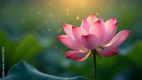 Close-up of a blooming pink lotus flower with water droplets on its petals against a soft green background