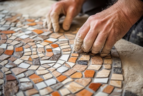 Making mosaics from ceramic tiles. TThe hands of the master during the final work.