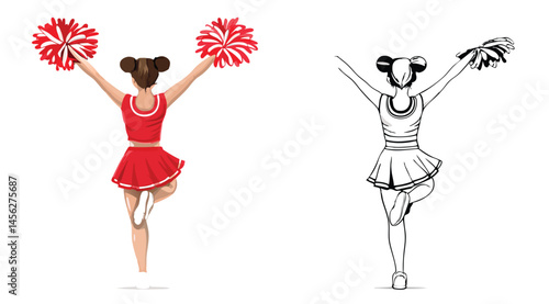 Cheerleader Illustration with Pom-Poms in Color and Line Art