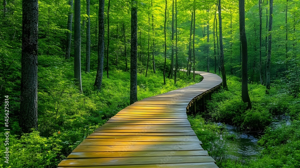 Obraz premium Serene Wooden Pathway Leading Through a Lush Green Forest in Daylight