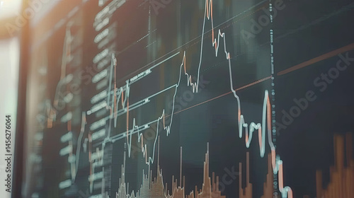 Glowing upward arrow graph on digital screen with financial charts, symbolizing stock market growth, corporate success and positive economic trends.