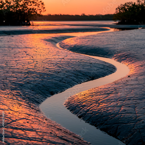 Sunset over a winding waterway. Colors of orange and dark blue. Nature's artistry.