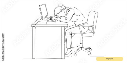 A weary office worker, overwhelmed by fatigue, dozes off at her desk, her fingers still resting on the keyboard as she drifts into sleep amidst the hum of the small office environment