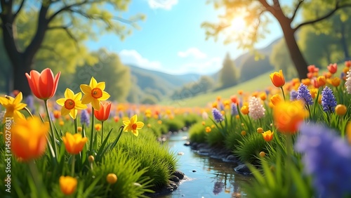 Vibrant Spring Meadow with Tulips and Daffodils by a Creek, set against Rolling Hills and a Sunny Sky.