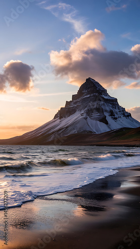 Snowy mountain peak, crashing waves, sunset.