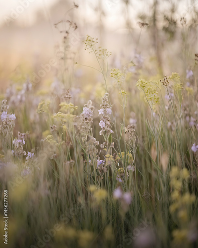Soft-focus field of wildflowers, muted colors.