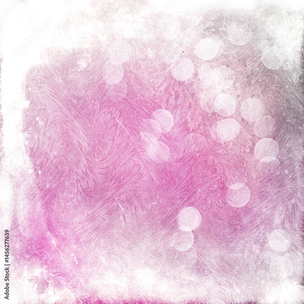 Fototapeta premium Soft pink textured background with dreamy bokeh lights and white grunge edges. Romantic abstract design ideal for feminine themes, invitations, scrapbooking, and creative projects.