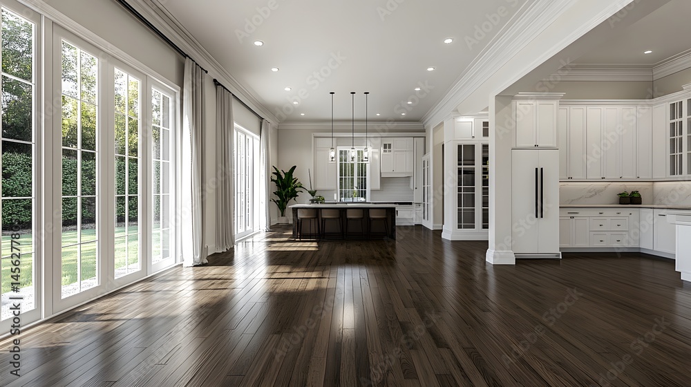 Fototapeta premium Spacious, modern kitchen and dining area interior design.