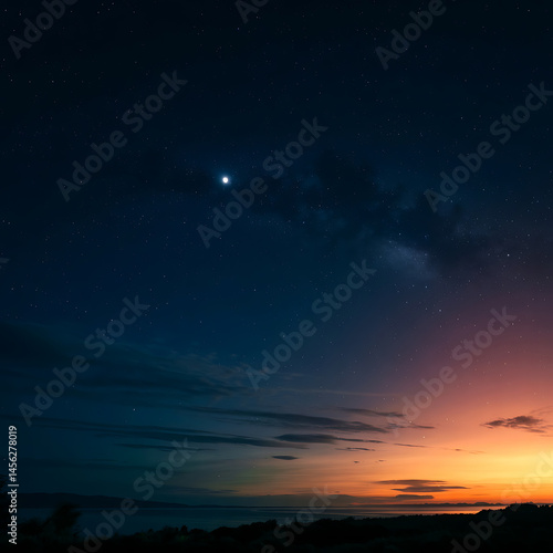 Starry night sky over a tranquil ocean.